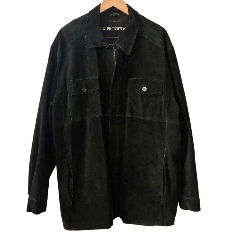 Vintage 90s Claiborne Black Suede Leather Chore Jacket Zip Front Oversized XL - Picture 2 of 12